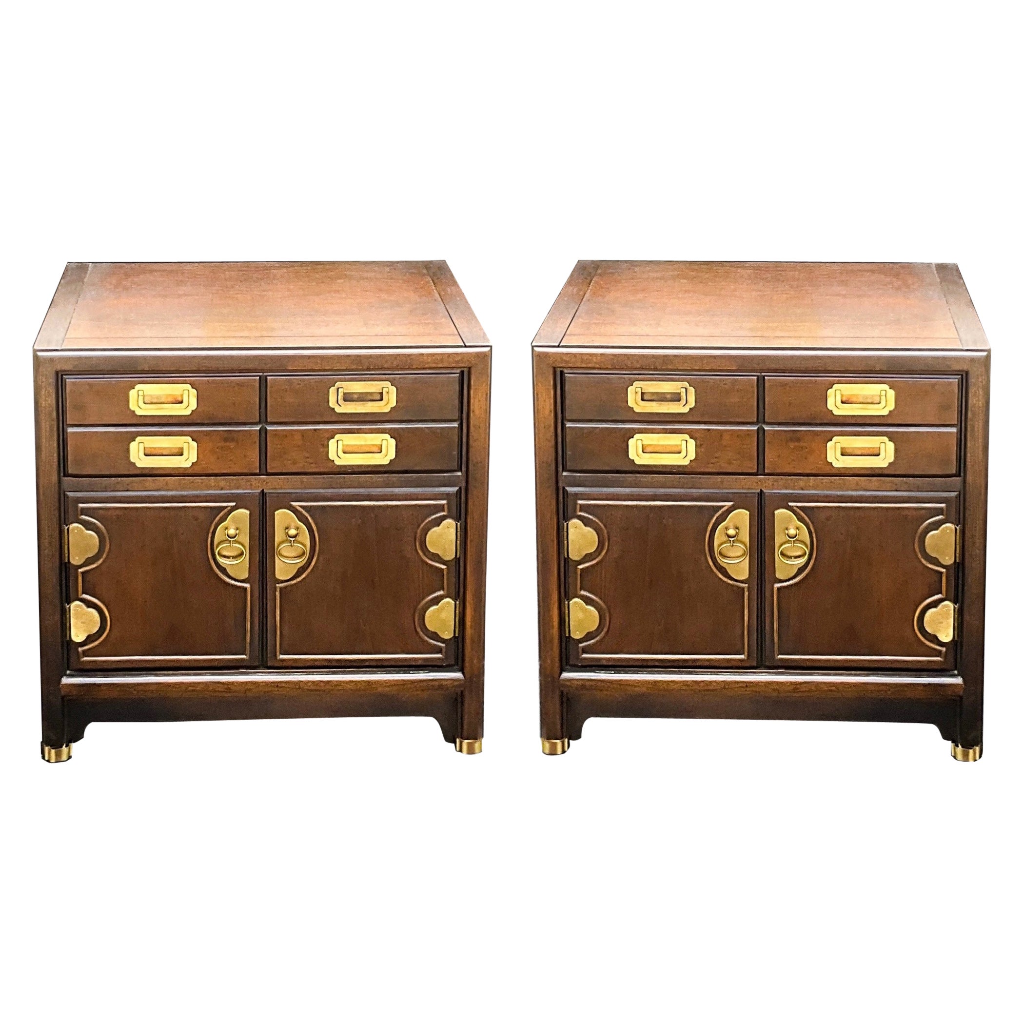 Mid-Century Campaign Style Brass & Fruitwood Side Tables / Chests - Pair For Sale