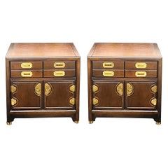 Retro Mid-Century Campaign Style Brass & Fruitwood Side Tables / Chests - Pair