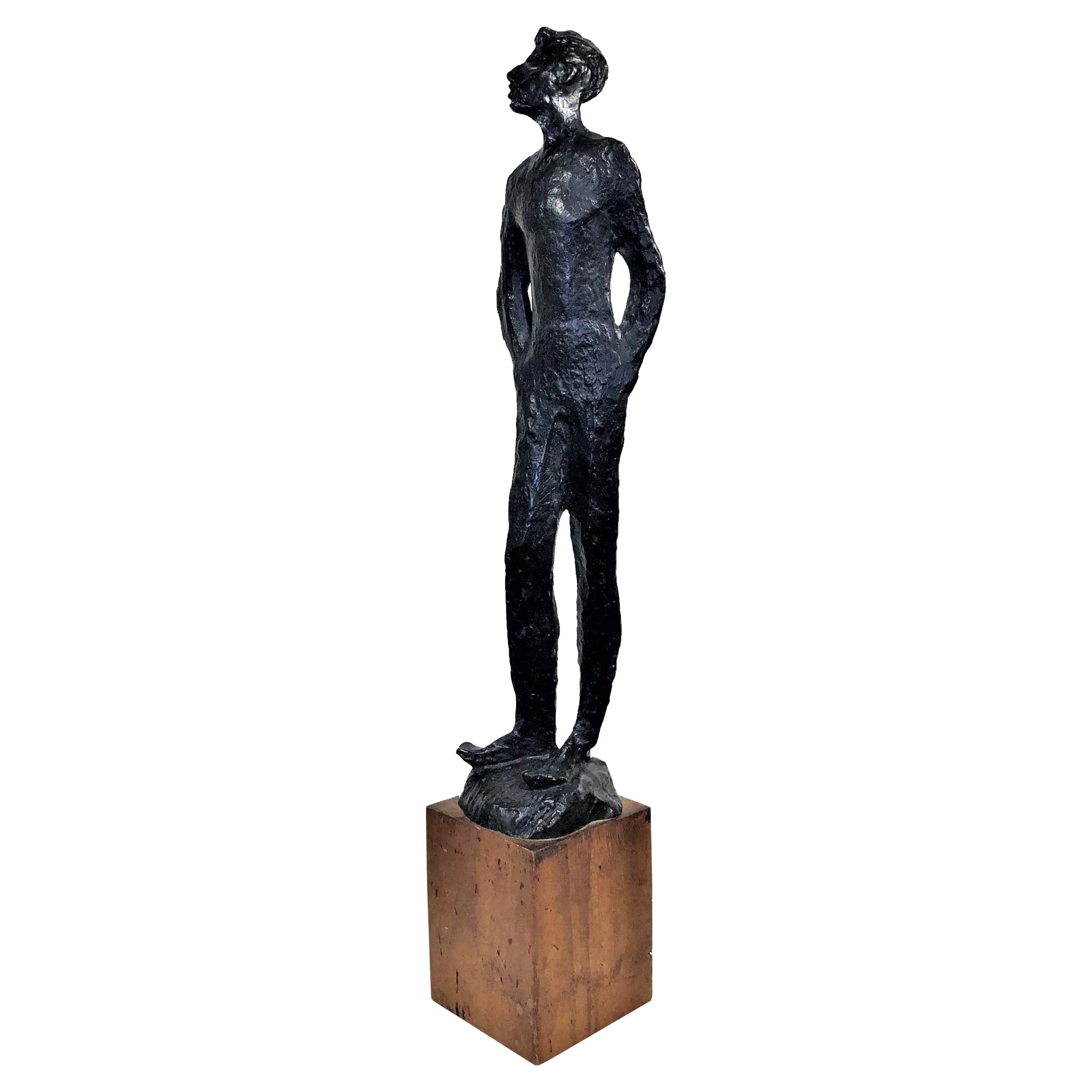 Modernist Bronze Sculpture of a Standing Man by L. Shore, 1953 For Sale