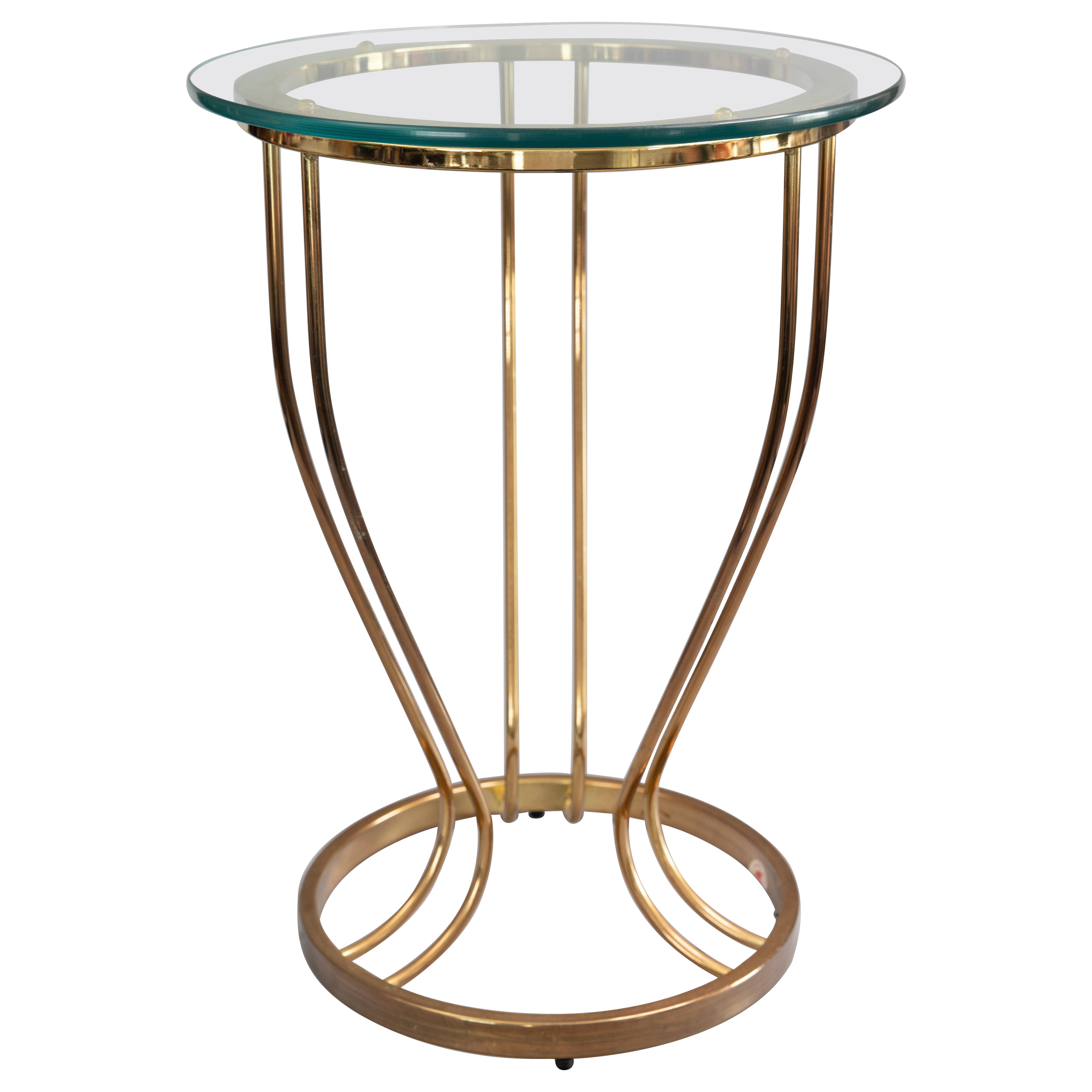 Mid Century Art Deco Round Glass Top & Brass Drinks Side Table For Sale