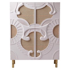 DOOQ Organic Modern Bar Cabinet, Hand Sculpted Doors and Rattan Traje De Luces