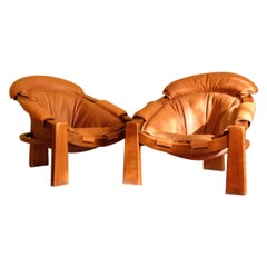 Pair of Italian armchairs in camel leather by Luciano Frigerio, 1970s