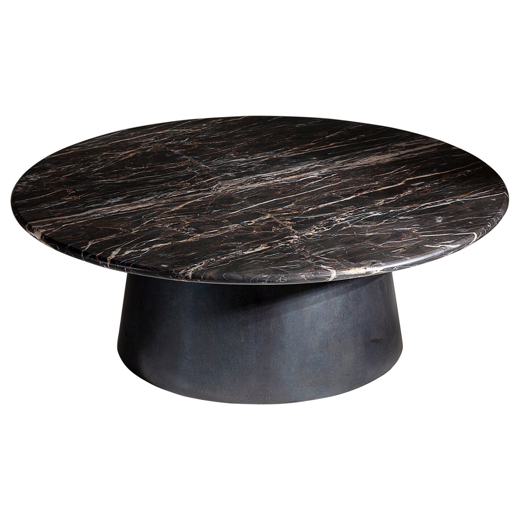 Mesa de centro Stanhope - Grande - Base circular de acero - Raro tablero de mármol británico en venta
