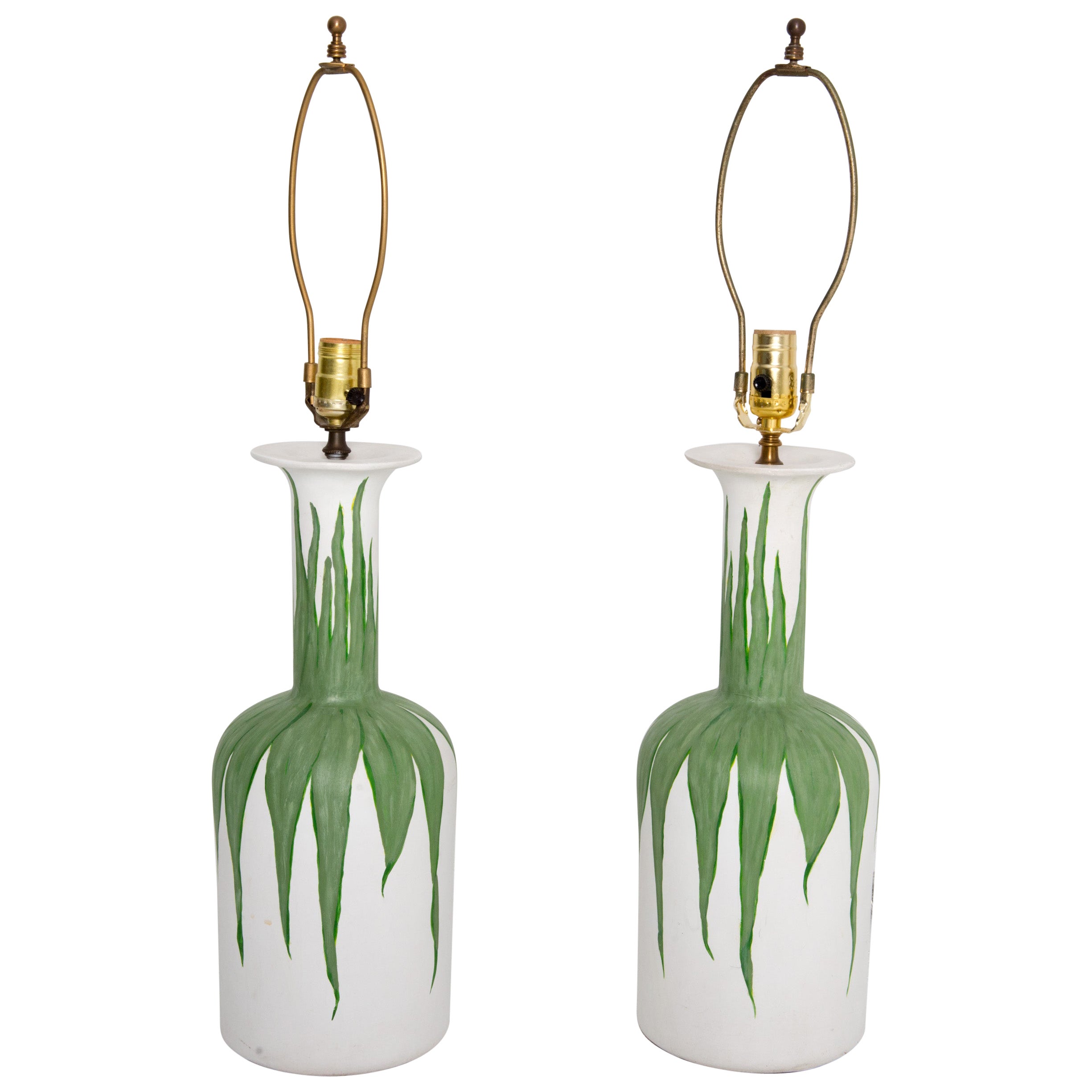 Pair Plaster Hand Painted Green Foliate and White Lamps