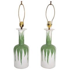 Pair Plaster Hand Painted Green Foliate and White Lamps