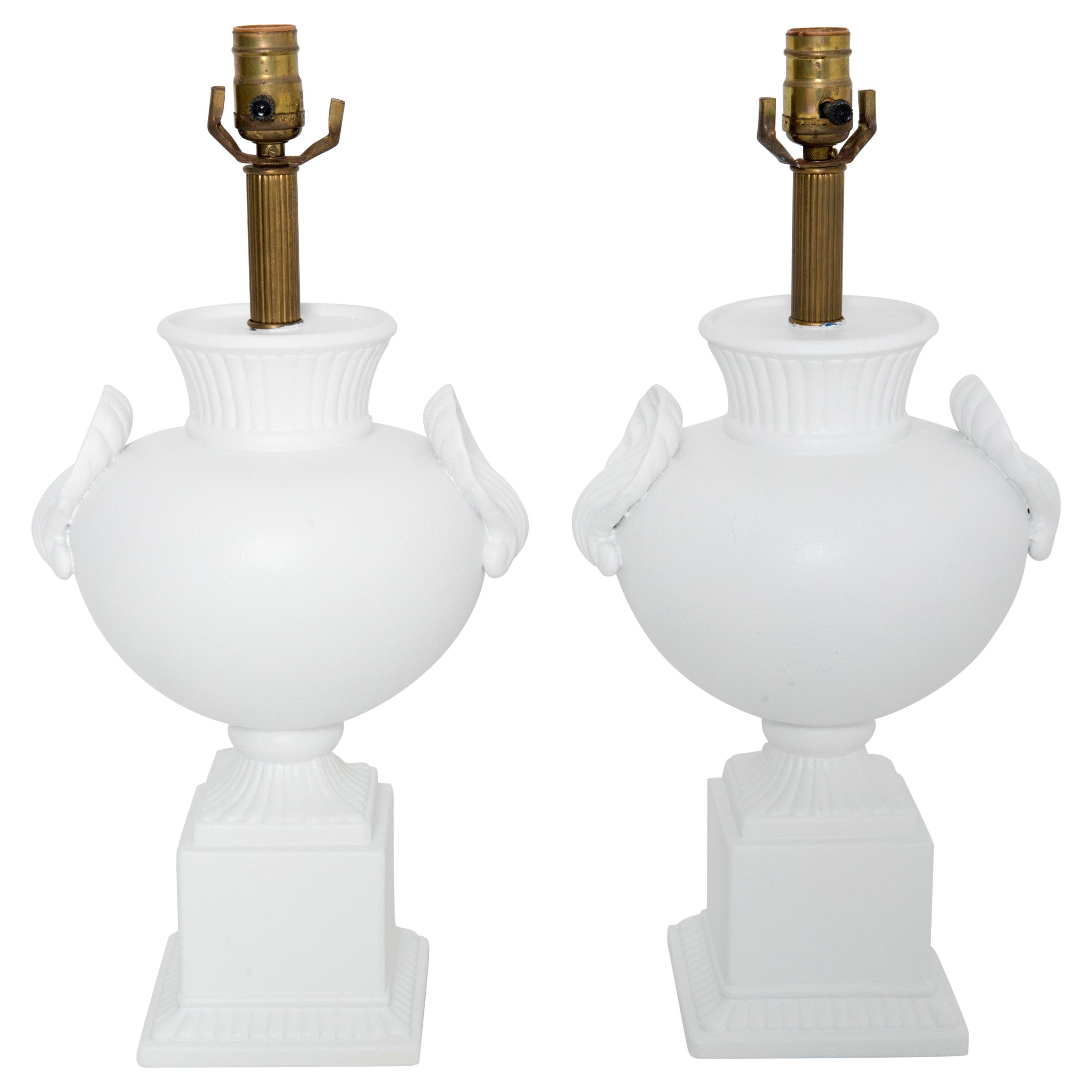 Pair Dorothy Draper style Bulbous Urn Lamps with Shell Detail
