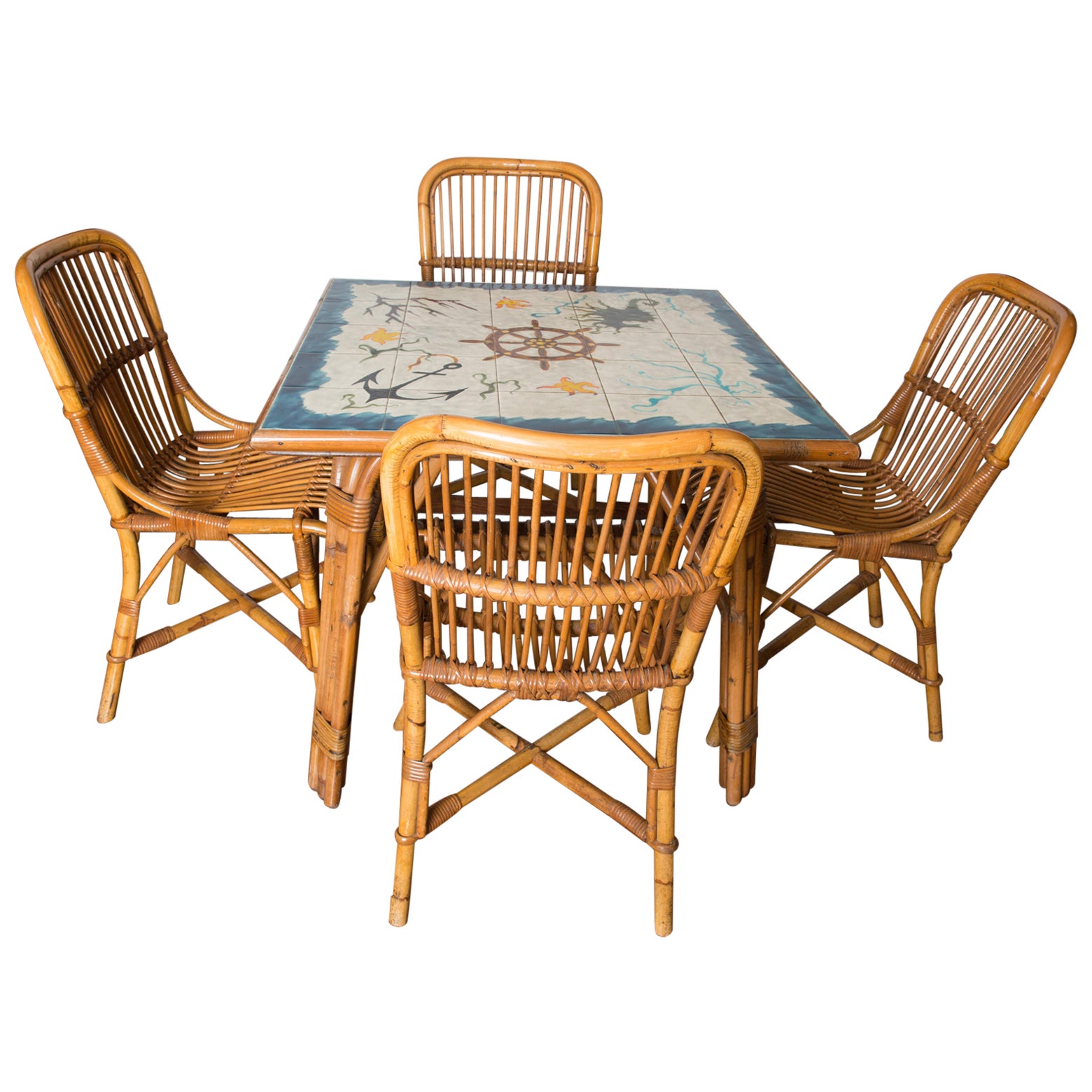 Cote D'Azur Rattan, Tile Table and Chairs  For Sale