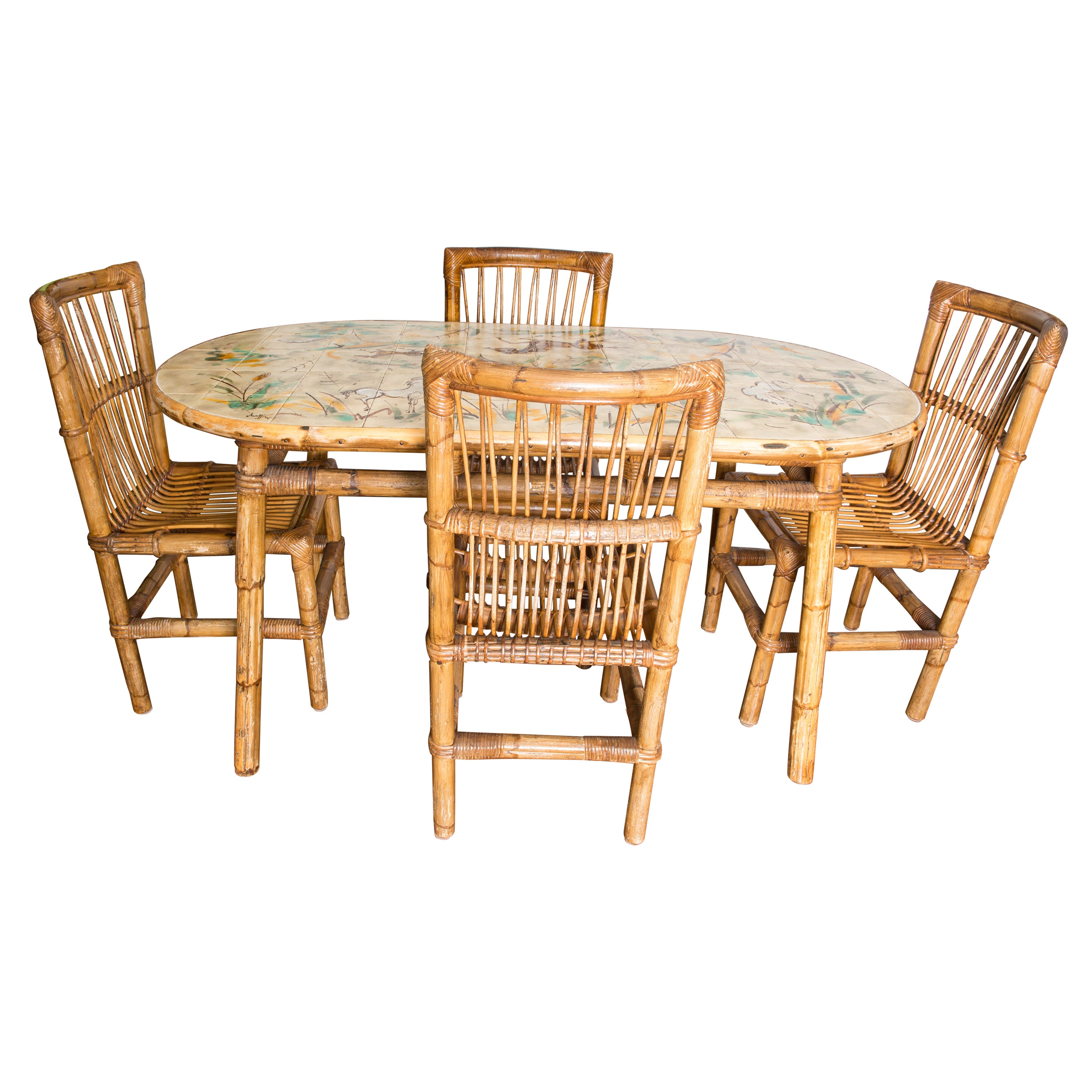 Table en rotin Audoux et Minet, chaises, carreaux en céramique Chassin Horse