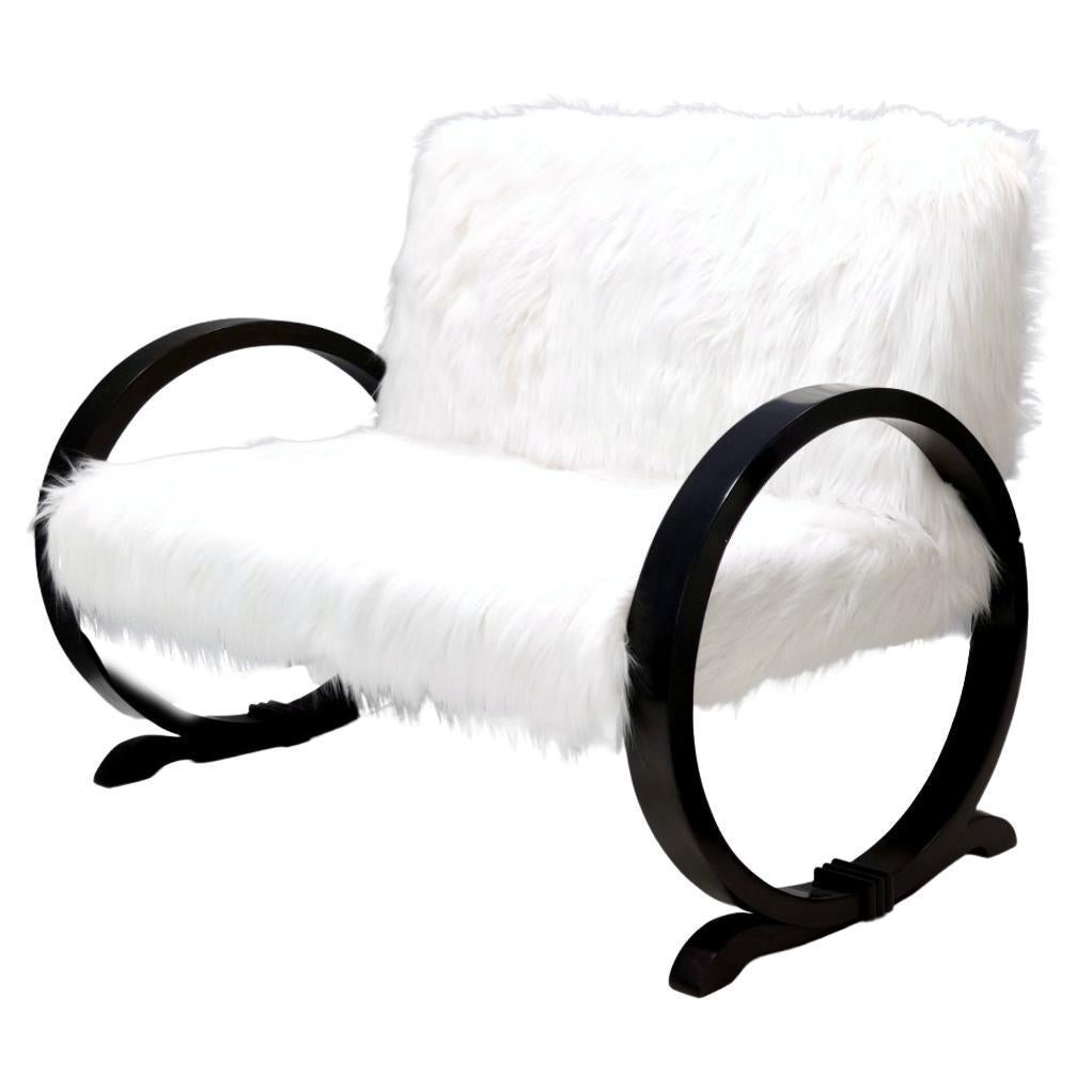 Vintage White Faux Fur Sofa with Black Wooden Frame, Italy For Sale