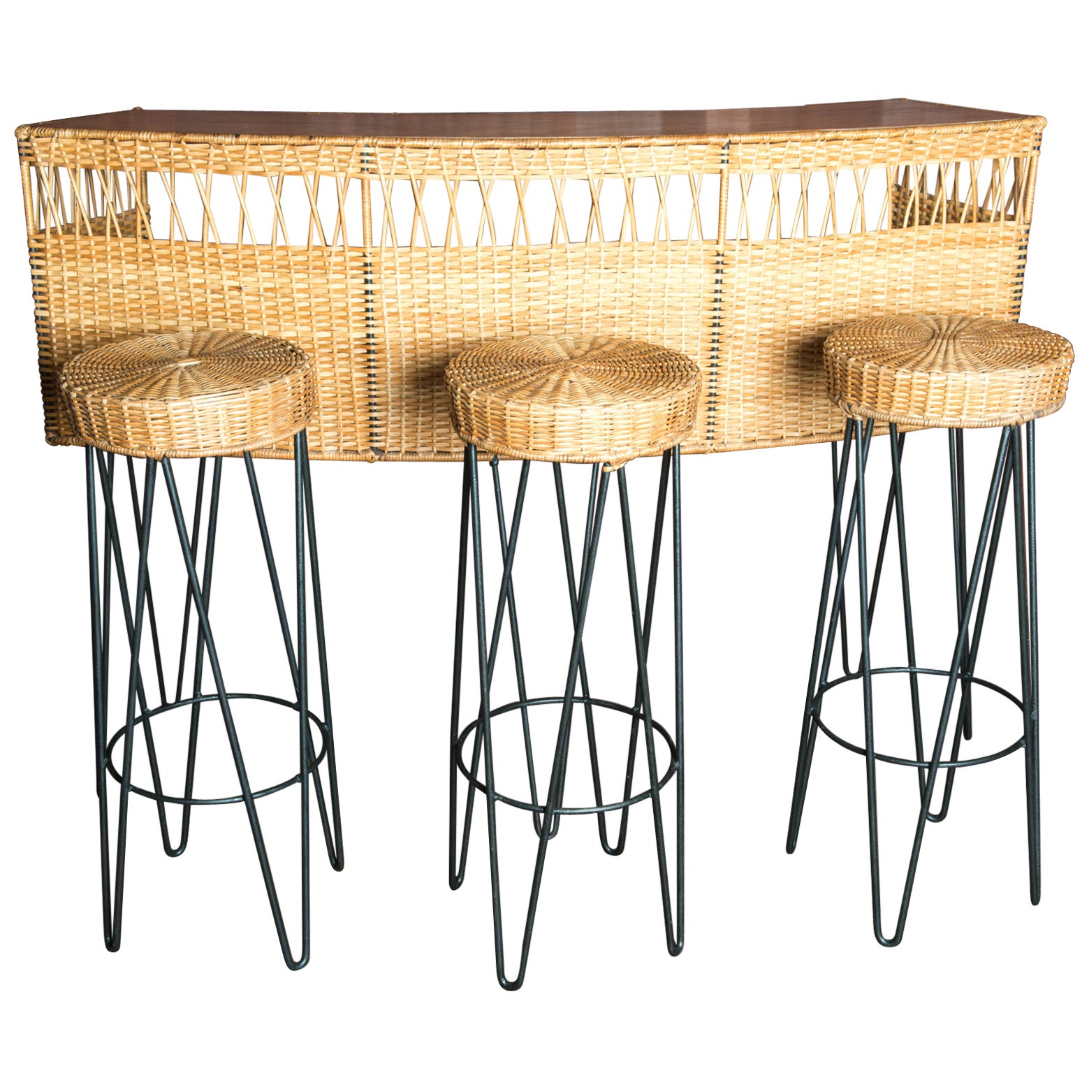 Cote D'Azur Curved Rattan Bar and Three Stools For Sale