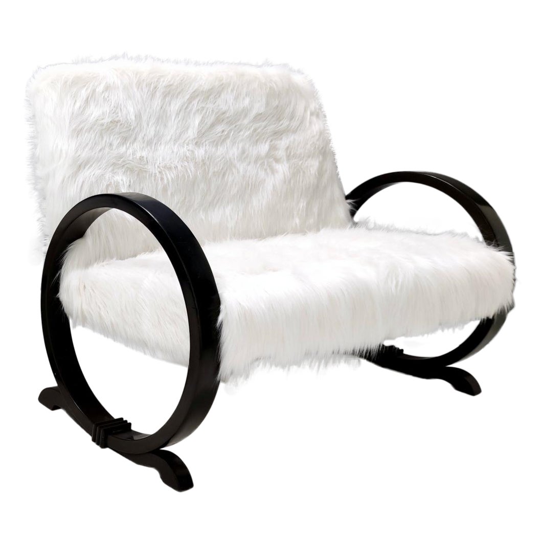 Vintage White Faux Fur Sofa with Black Wooden Frame, Italy