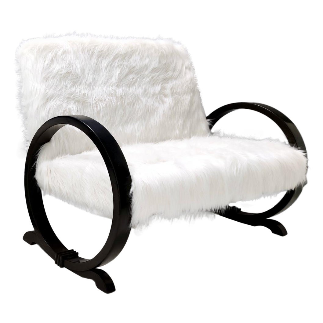 Vintage White Faux Fur Sofa with Black Wooden Frame, Italy For Sale