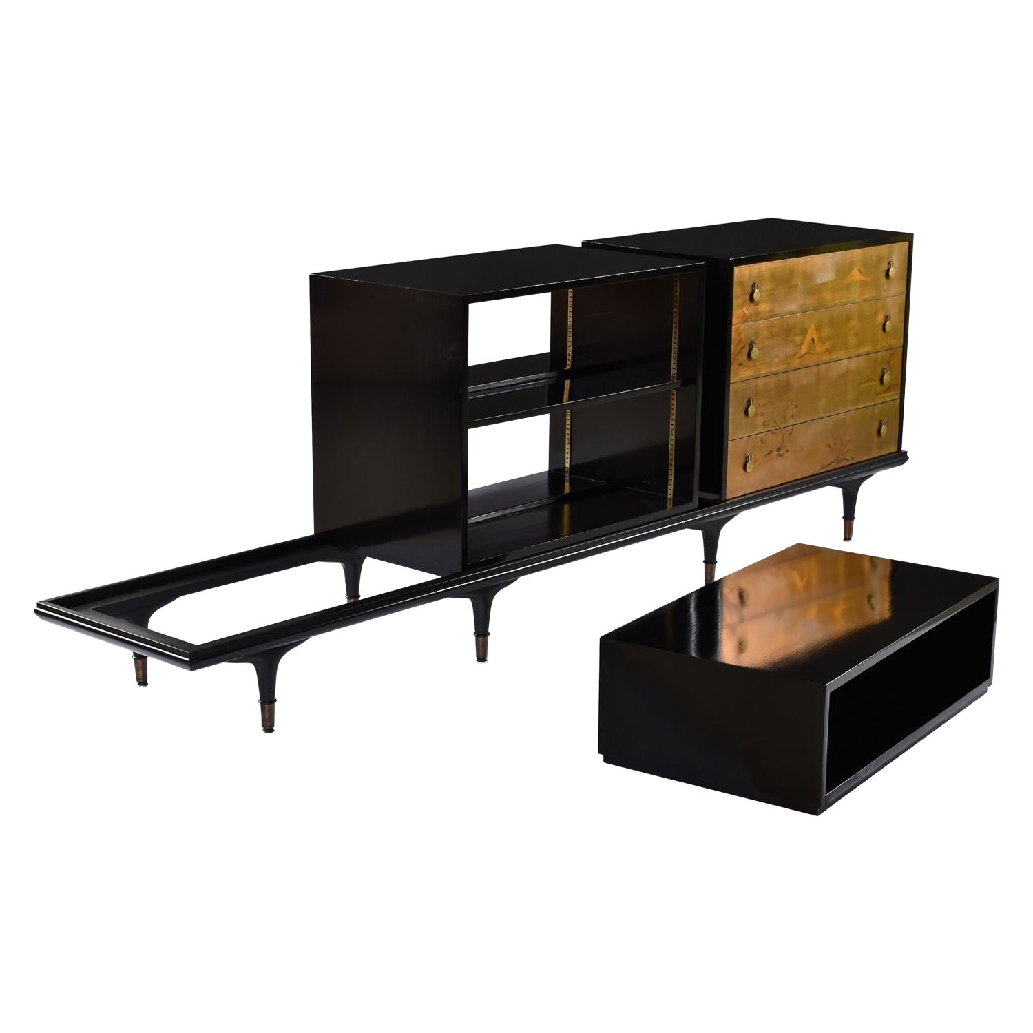 Mid-Century moderno Edward Wormley per Dunbar Credenza modulare asiatica moderna a 4 pezzi in lacca nera in vendita
