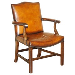 VINTAGE RESTORED GAINSBOROUGH HAND DYED WHISKY BROWN LEATHER OFFICE DESK CHAiR