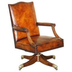 RESTORED ANTiQUE CIRCA 1940 WHISKY BROWN LEATHER CAPTAINS CHAIR HAIRY PAW FEET