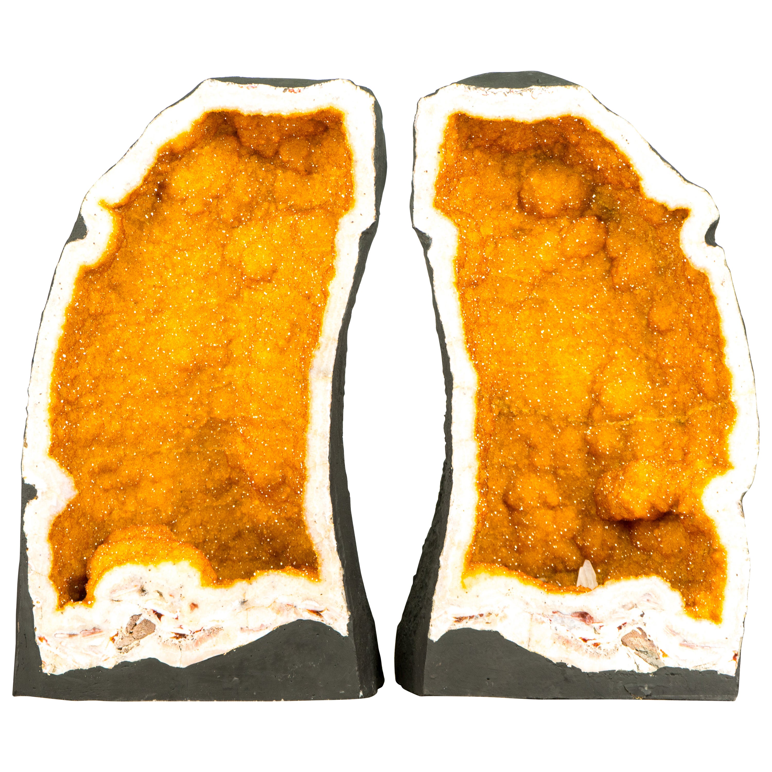 Pair of Rare Book-matching Citrine Geodes with Shiny Golden Yellow Galaxy Druzy For Sale