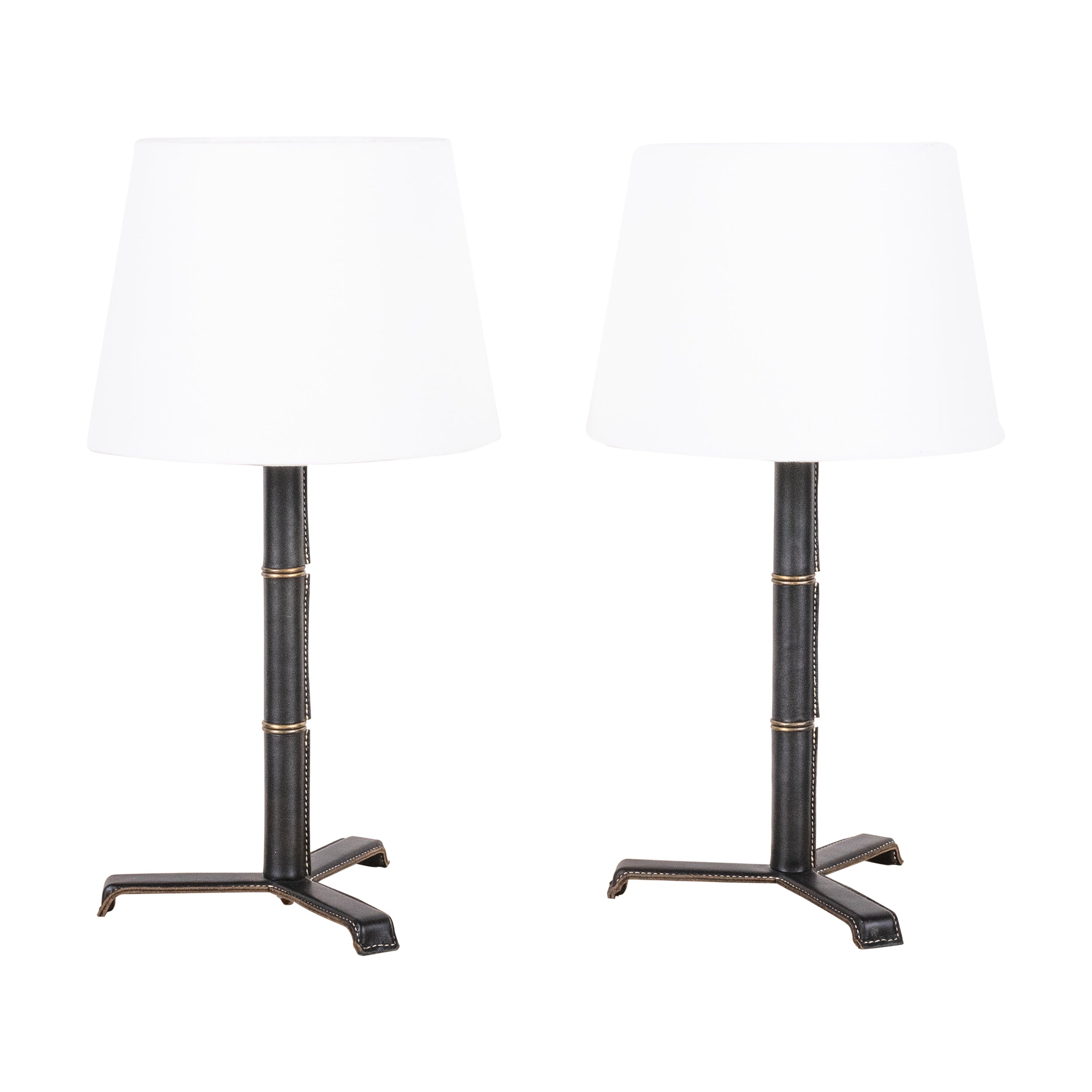 Pair of 'Sellier' Stitched Black Leather Lamps by Design Frères For Sale