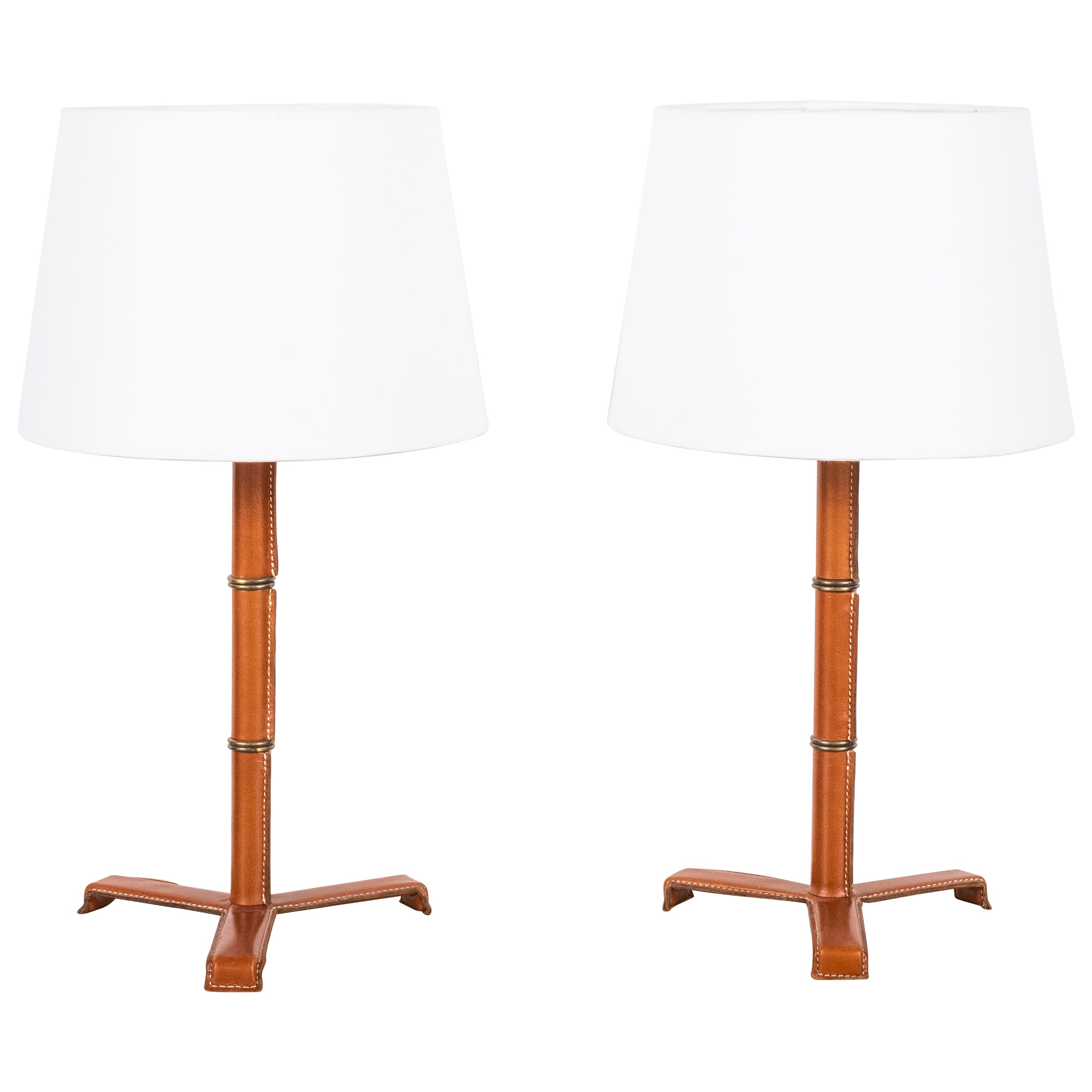 Pair of 'Sellier' Stitched Tan Leather Lamps by Design Frères