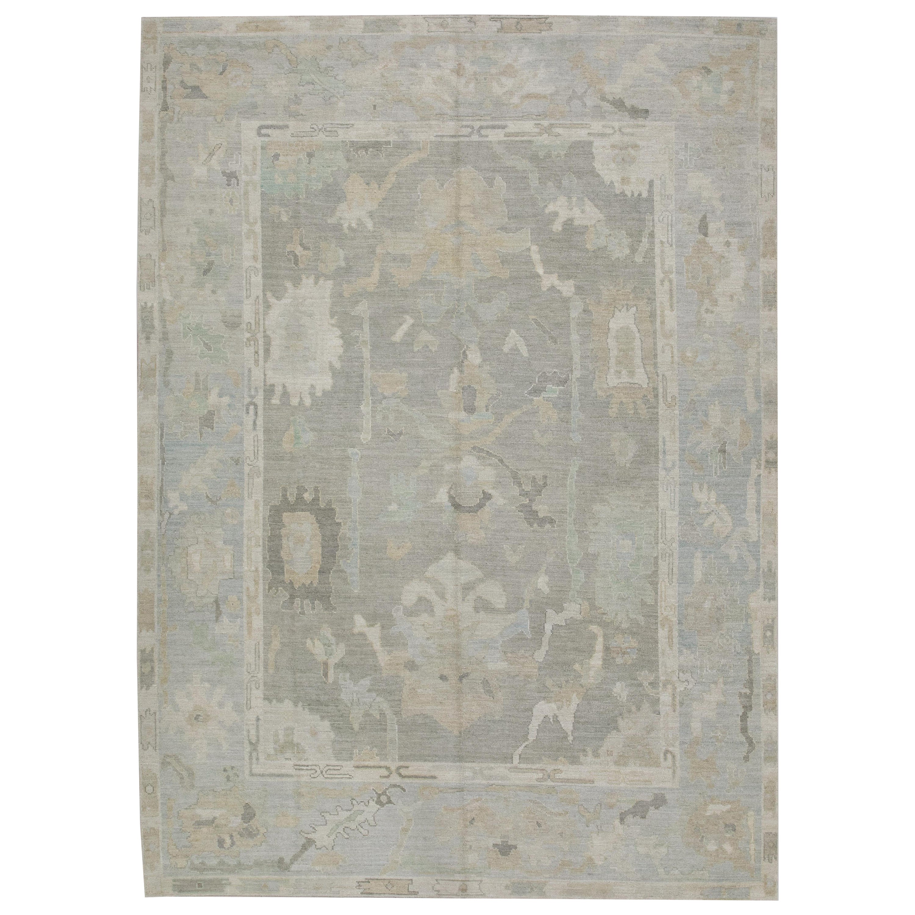 Taupe Floral Design Handwoven Wool Turkish Oushak Rug 8'9" X 12' For Sale