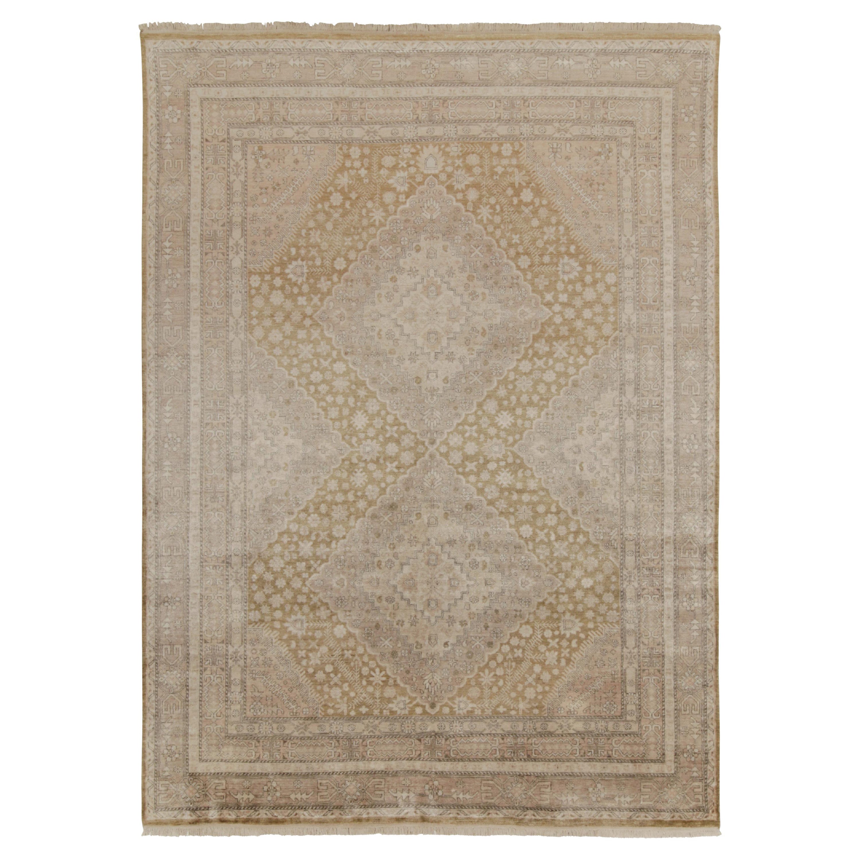 Rug & Kilim’s Classic Khotan Style Rug in Beige & Pink Diamonds, Floral Patterns For Sale