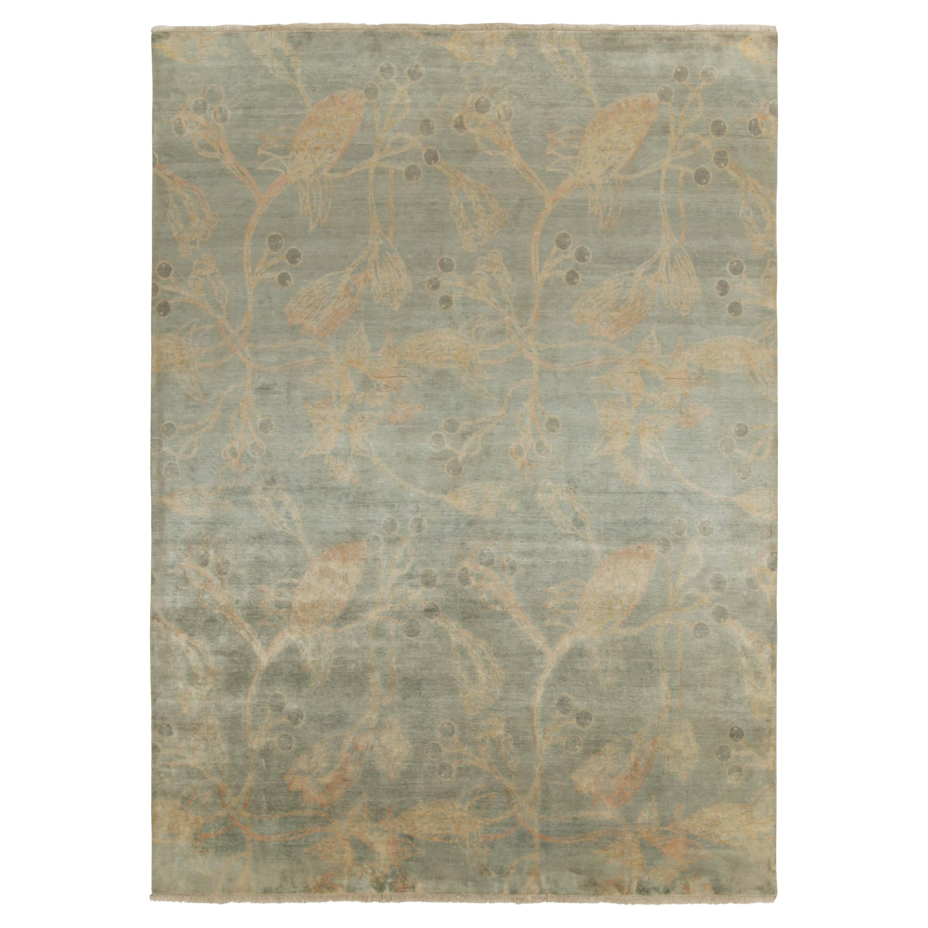 Rug & Kilim’s Contemporary Rug in Teal with Gold Floral Patterns For Sale