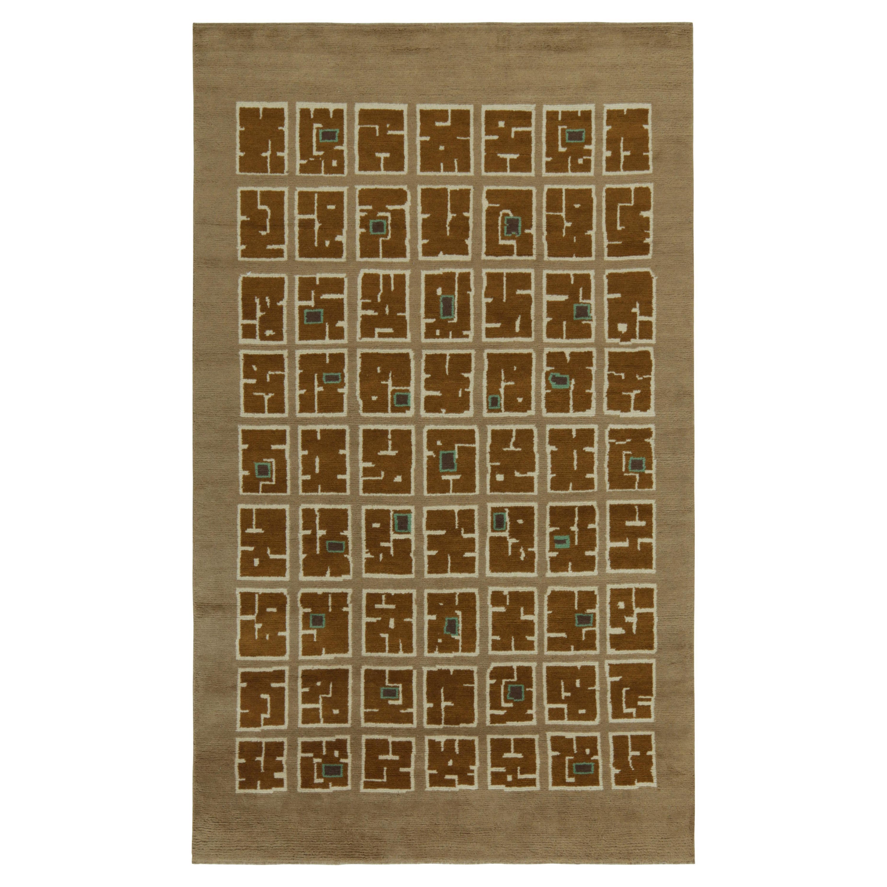 Rug & Kilim’s French Art Deco Style Rug in Beige with Brown Square Patterns For Sale