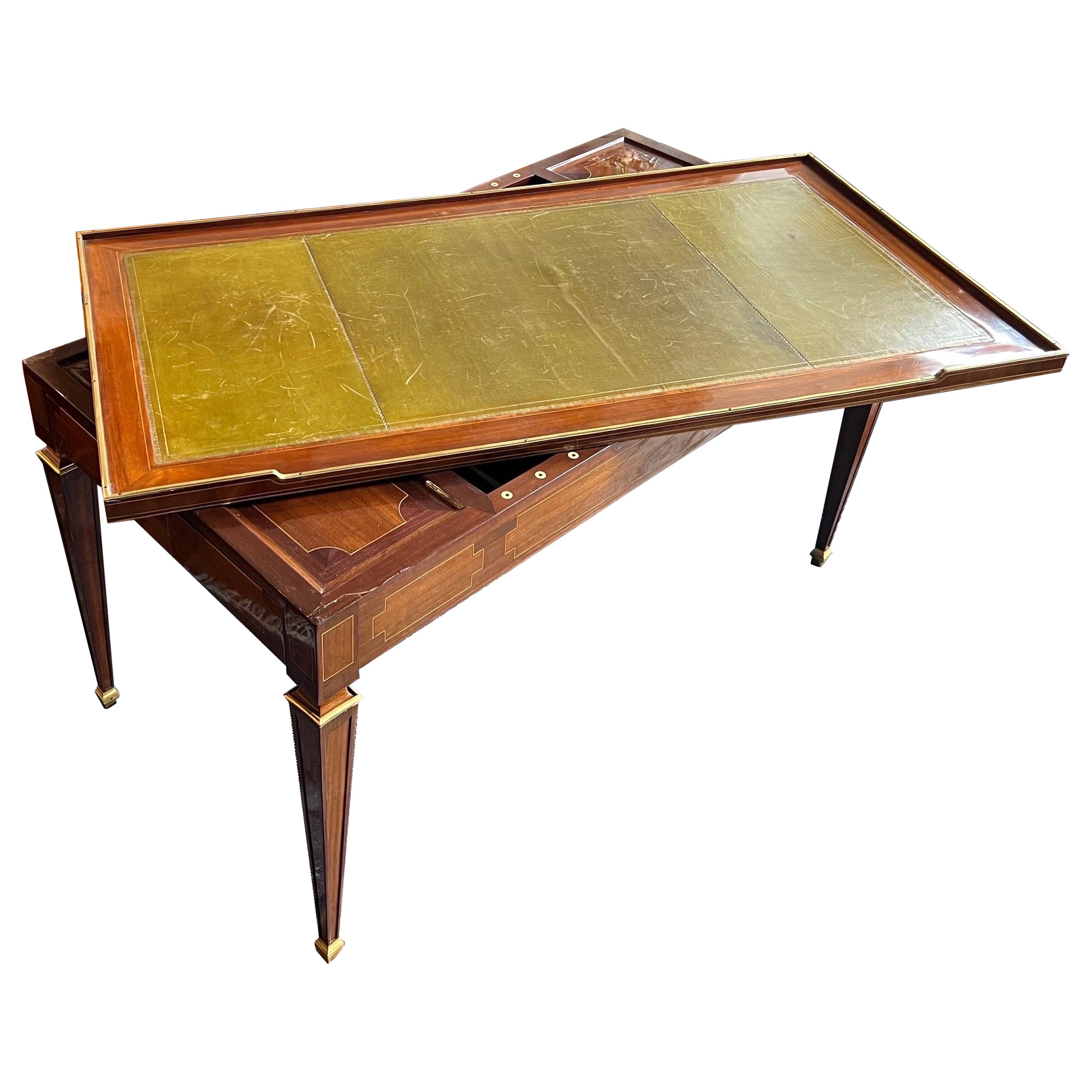 19th Century French bronze mounted leather top writing desk / tric trac table  For Sale