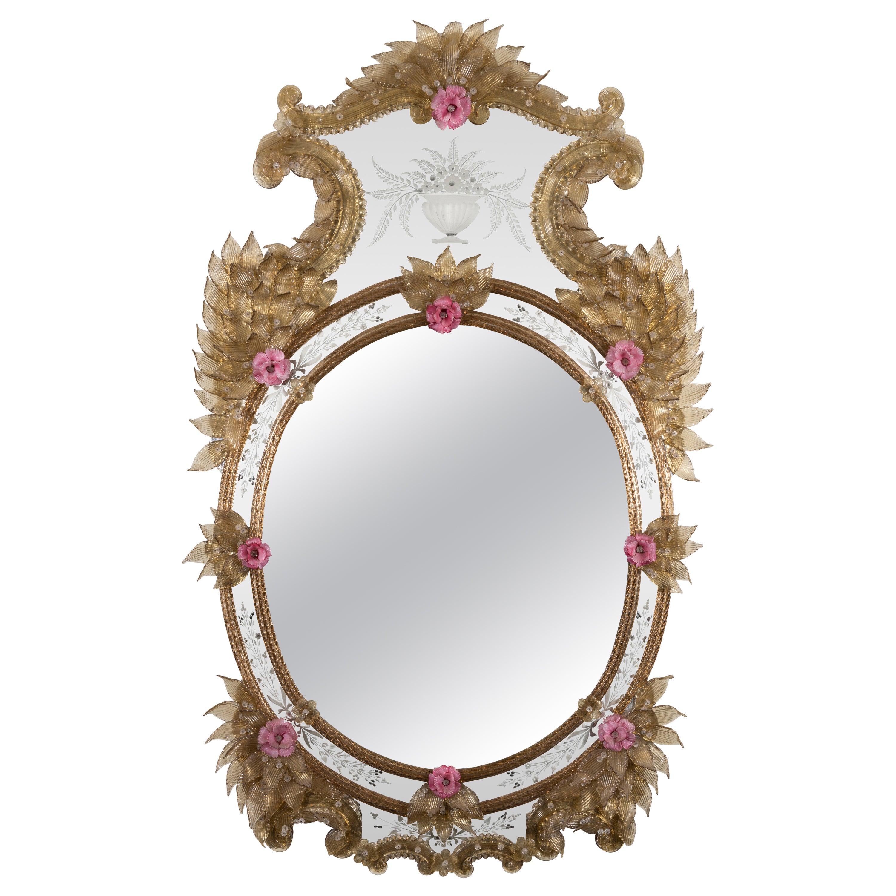 A Late 19th Venetian Oval Gilt-Inlaid, Coloured Glass and Etched Mirror For Sale