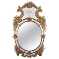 A Late 19th Venetian Oval Gilt-Inlaid, Coloured Glass and Etched Mirror