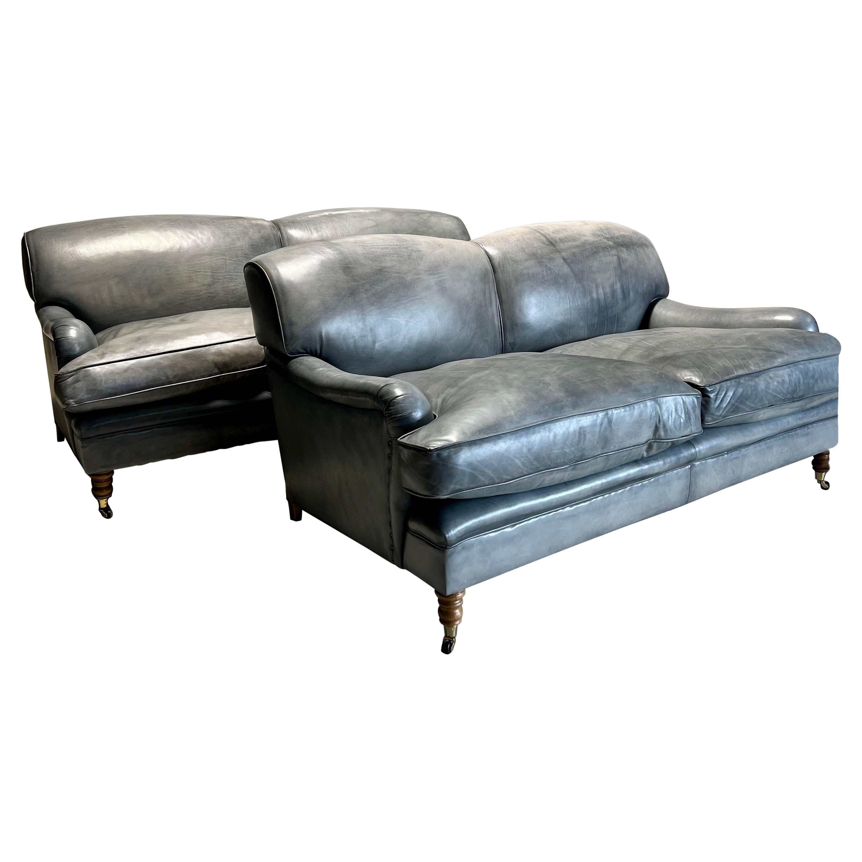 Matching Pair of Our Signature Grenville Sofas - Hand Dyed Elephant Grey Leather For Sale