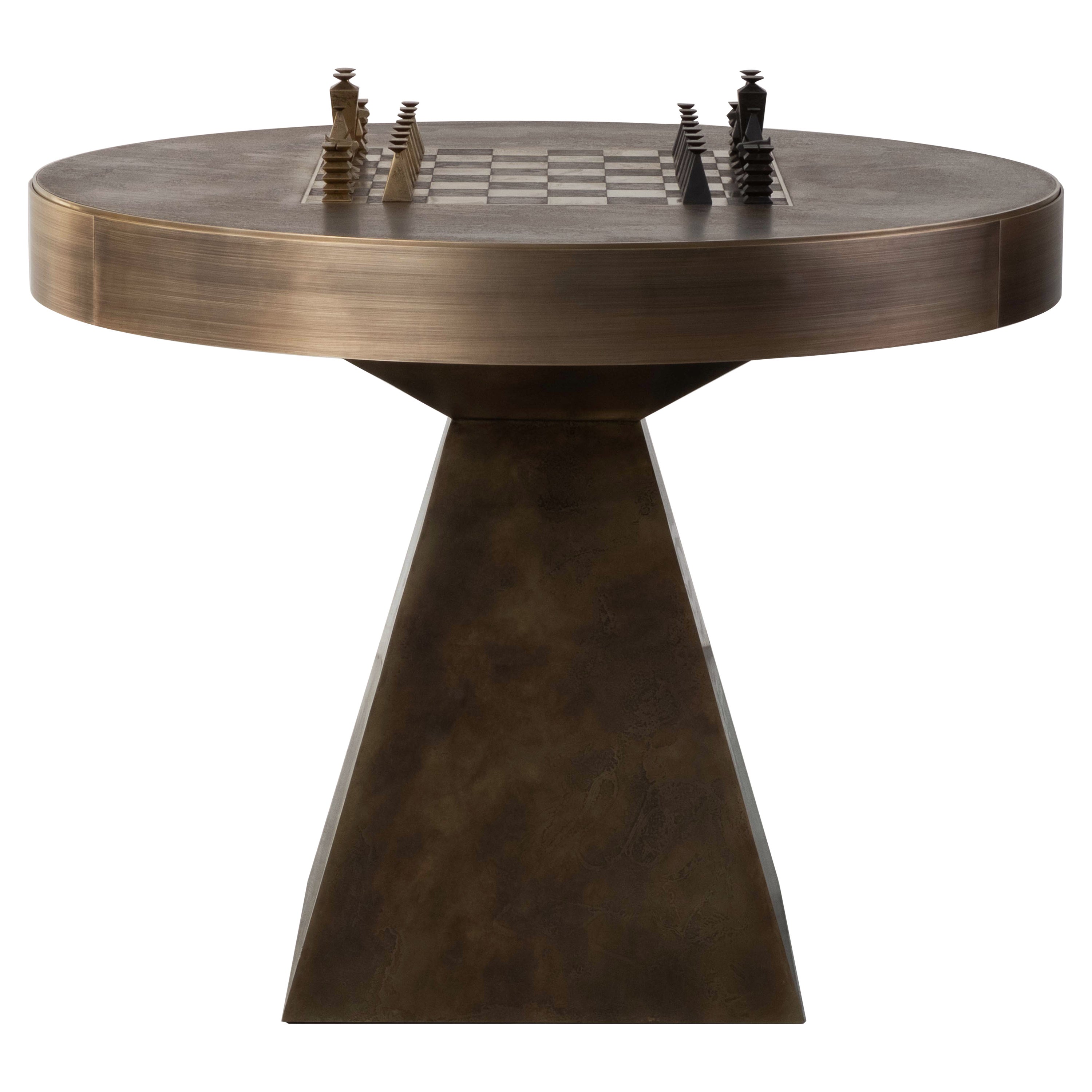 Otterburn Chess Table — Solid Hand-Patinated Brass and Walnut — Made in Britain For Sale