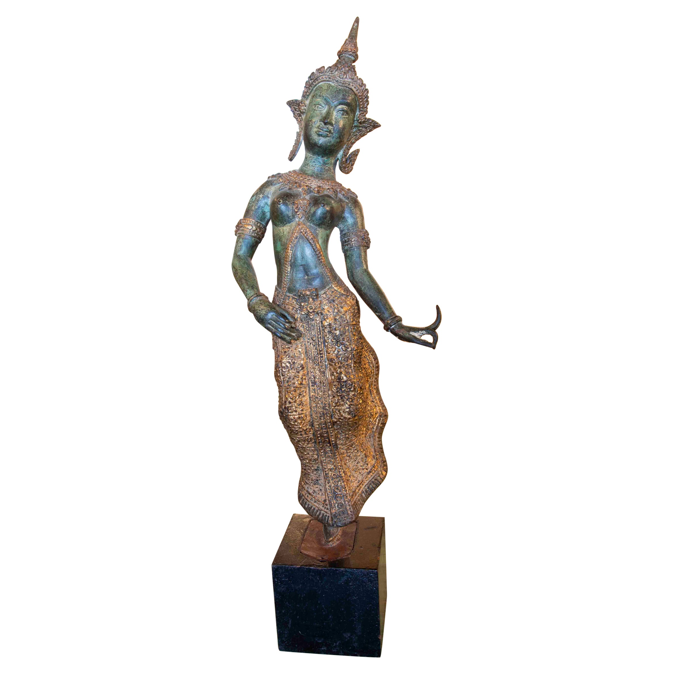 Bronze Sculpture with a Wooden Pedestal of a Dancing Thai Woman For Sale