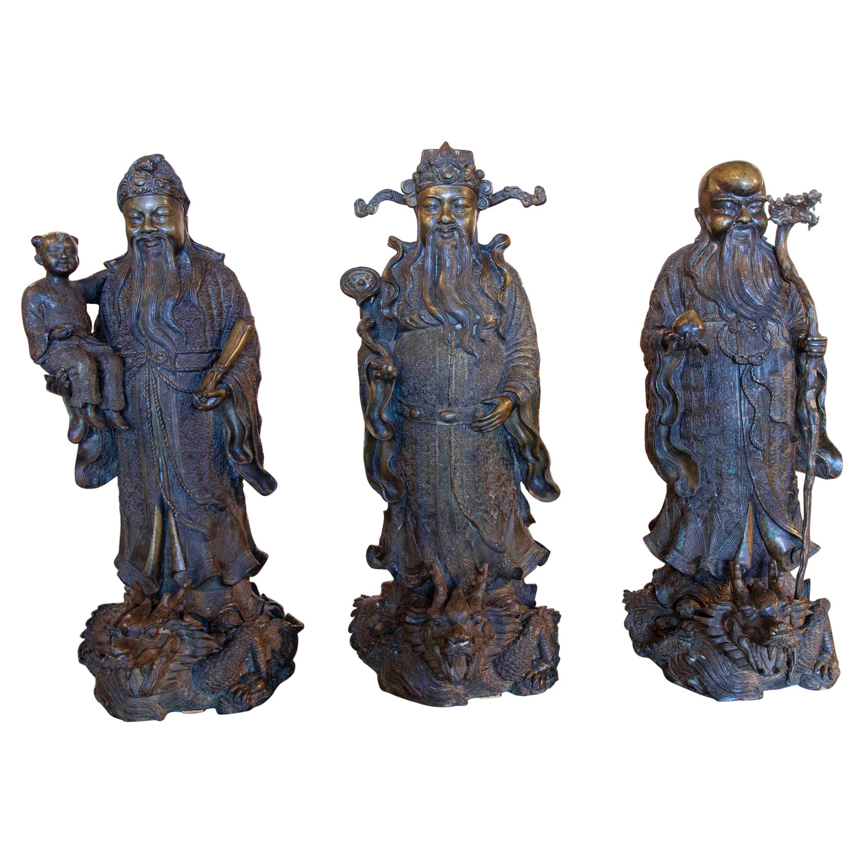 1980er Jahre Japanisches Set aus drei Bronzeskulpturen von  Götter 