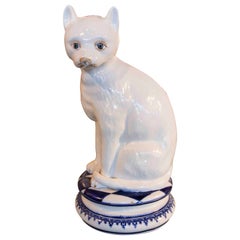 White and Blue Glazed Ceramic Cat Sculpture