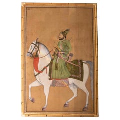 1970s Indian Character on Horseback Painted on Canvas in Bamboo Frame