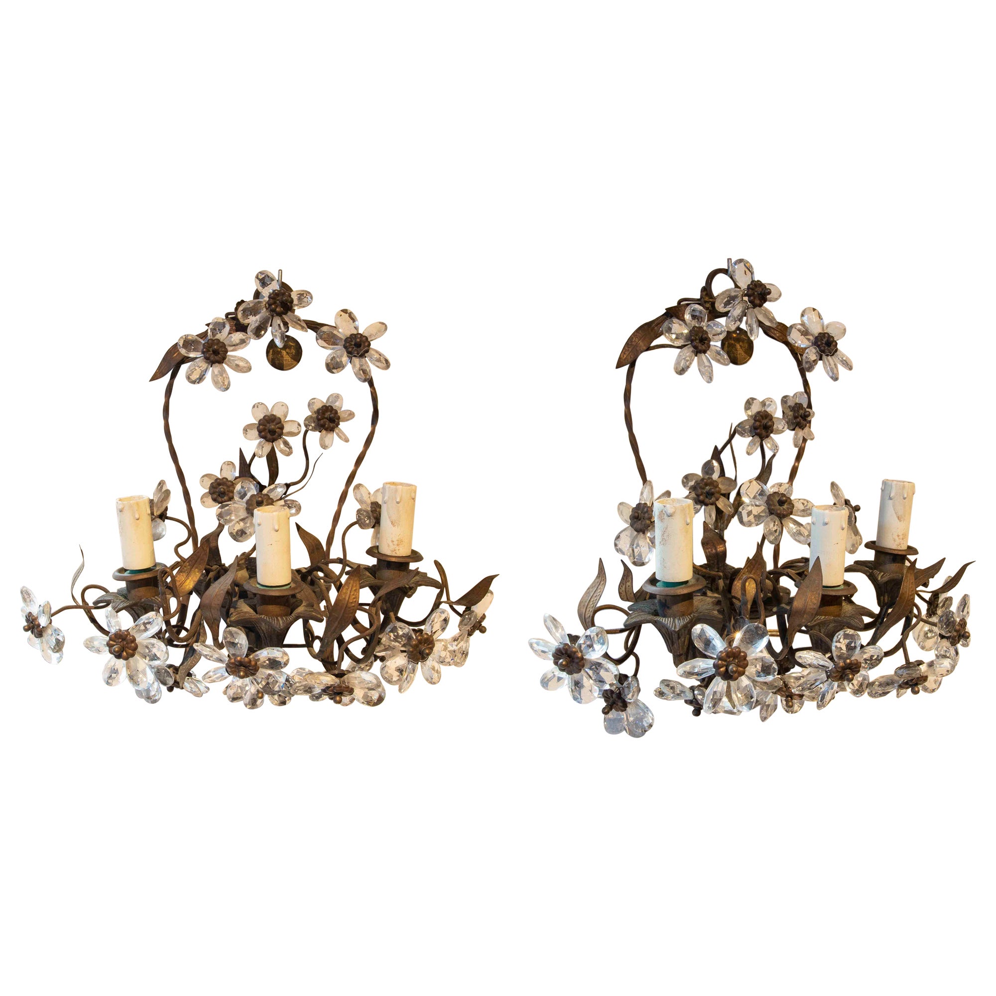 19th Century French Pair of Sconces in Bronze, Metal and Crystal Flowers For Sale
