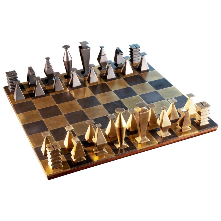 Minoan Period Brass-nickel Chess Set Wooden Case Blue Brass 