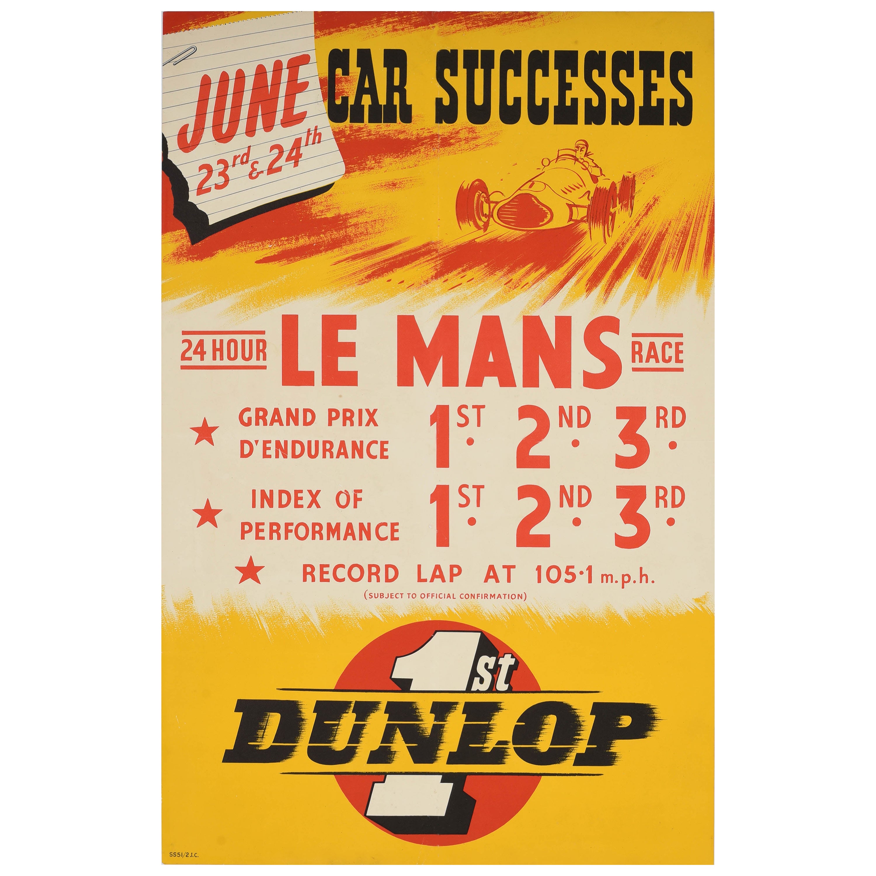 Original Vintage Motorsport Sponsorship Poster 24 Hour Le Mans Race Dunlop Car