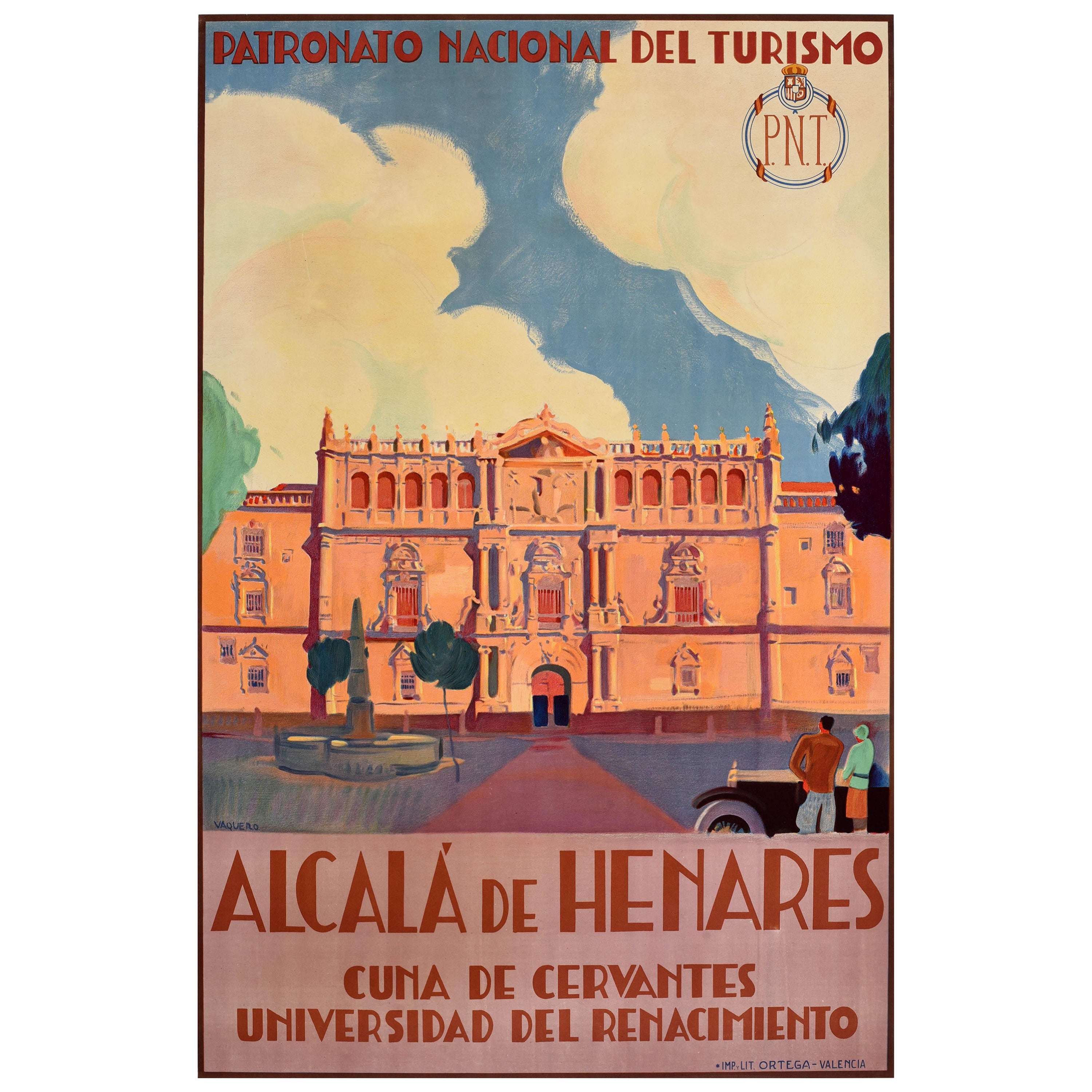 Affiche de voyage vintage d'origine Alcala University Madrid, Espagne, PNT Art Déco  en vente