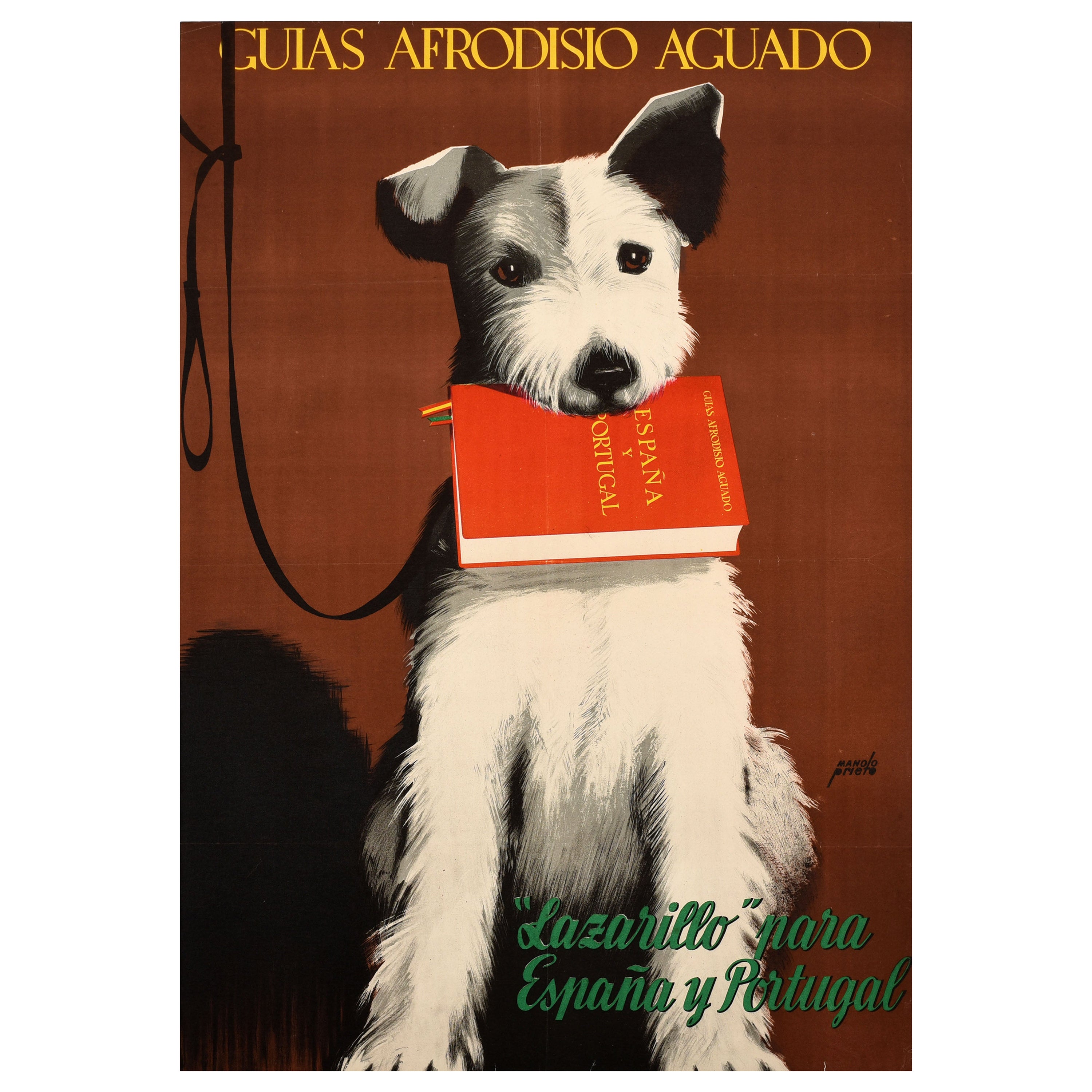 Affiche publicitaire vintage d'origine Espagne, Guide de voyage, Livre, Terrier Dog en vente