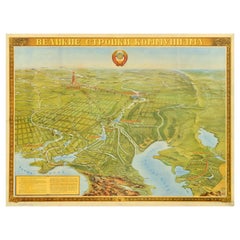 Original Vintage Soviet Propaganda Poster Great Buildings Of Communism Map USSR
