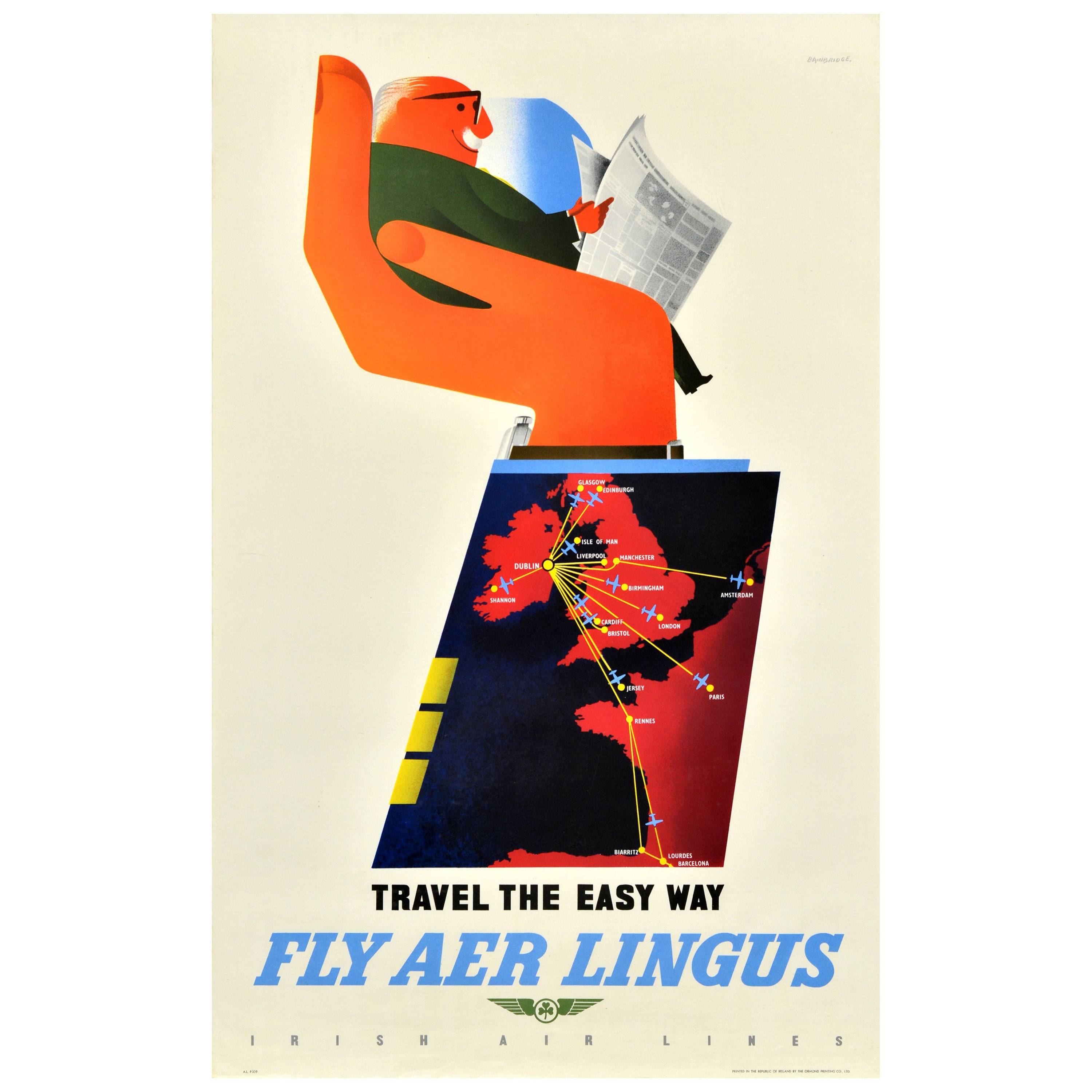 Original Vintage Travel Poster Fly Aer Lingus Travel The Easy Way Midcentury Art For Sale