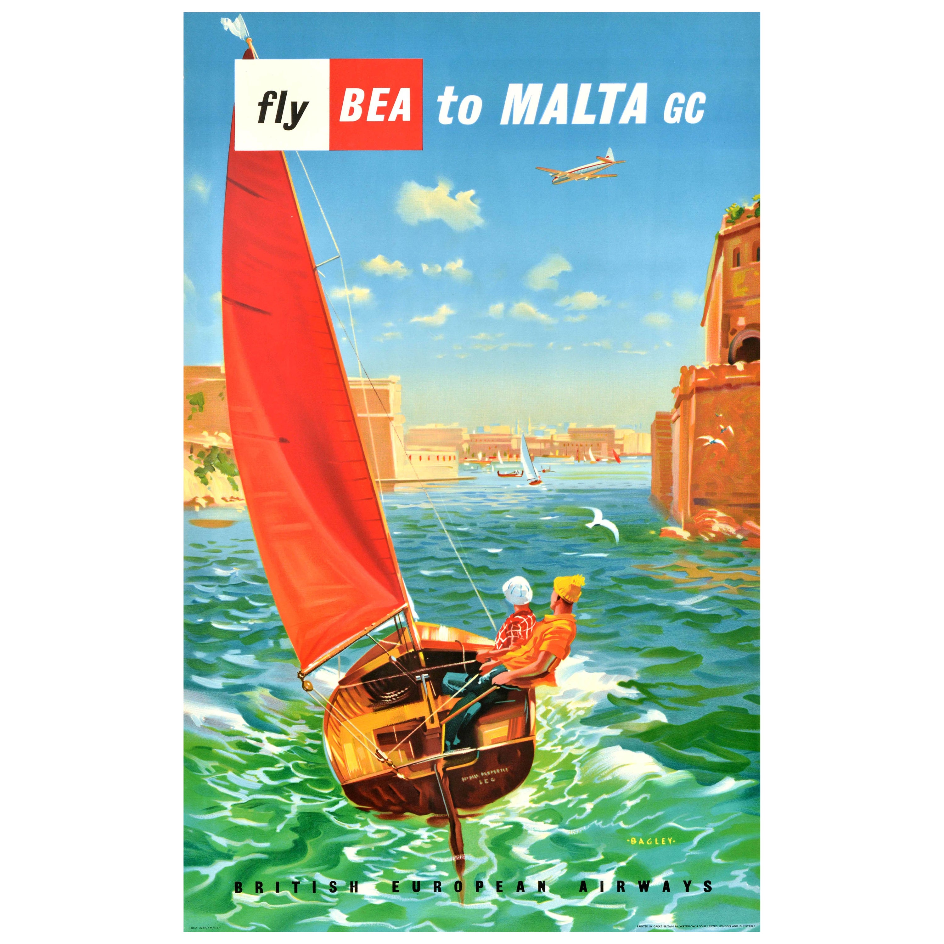 Affiche de voyage vintage d'origine Fly BEA à Malte, voilier de Valetta Grand Harbour en vente