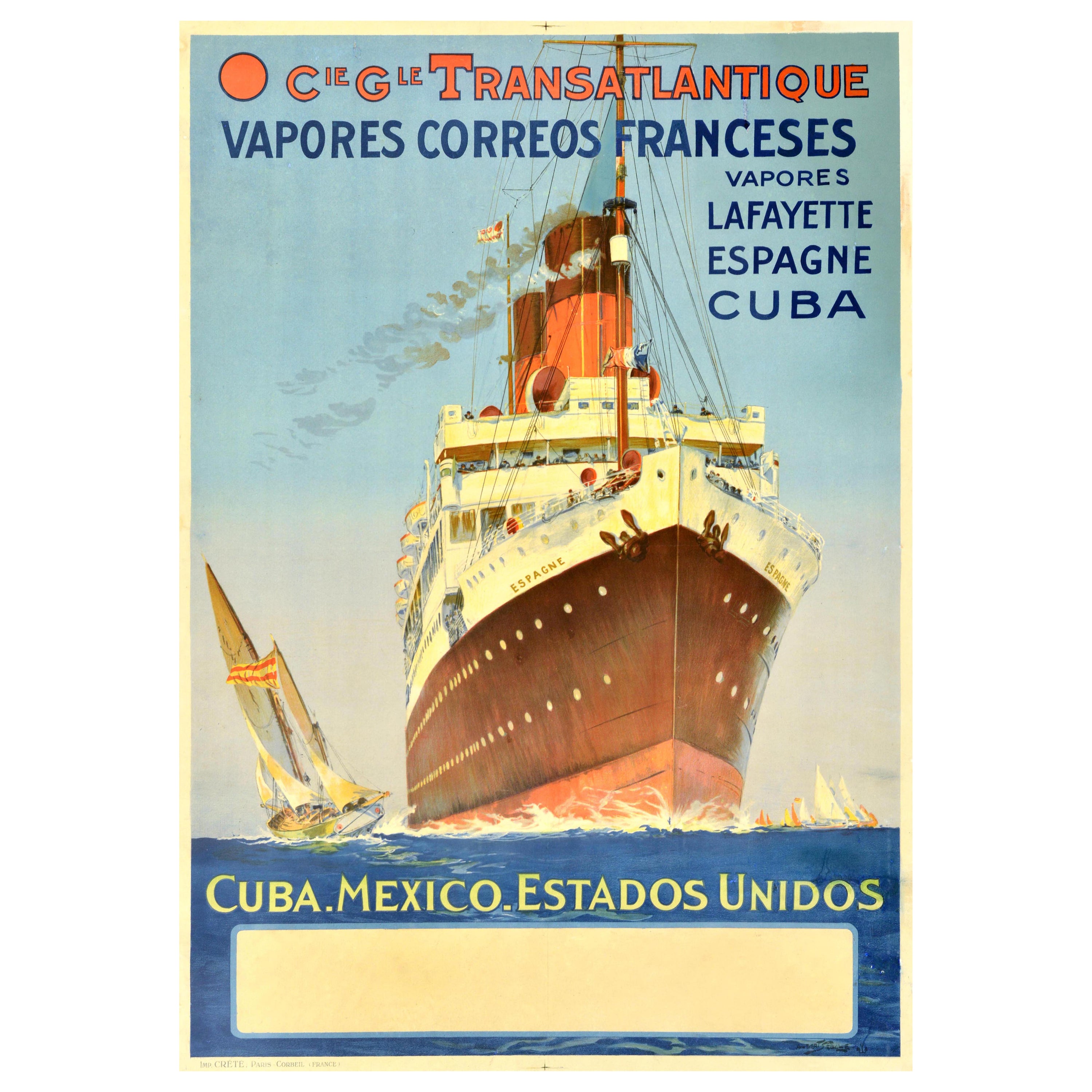 Original Vintage Steam Ship Cruise Travel Poster Cie Gle Transatlantique Espagne For Sale