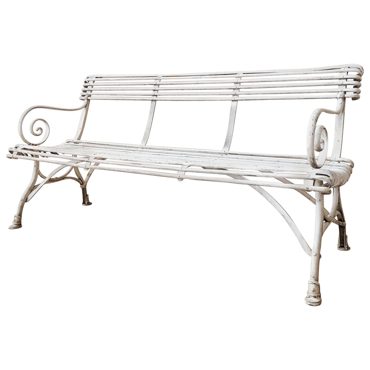 Vintage Arras style Garden Bench with White Patina For Sale