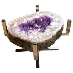 Purple Amethyst Geode Coffee Table on Handmade Stainless Steel Base 