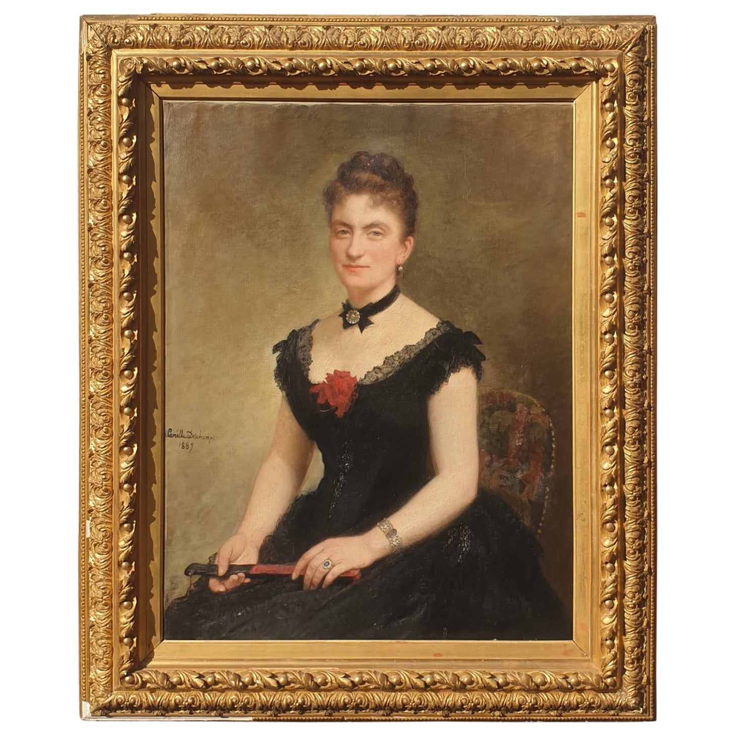 C Deschamps, Portrait Of Woman, In Black Dress, XIXth Century For Sale