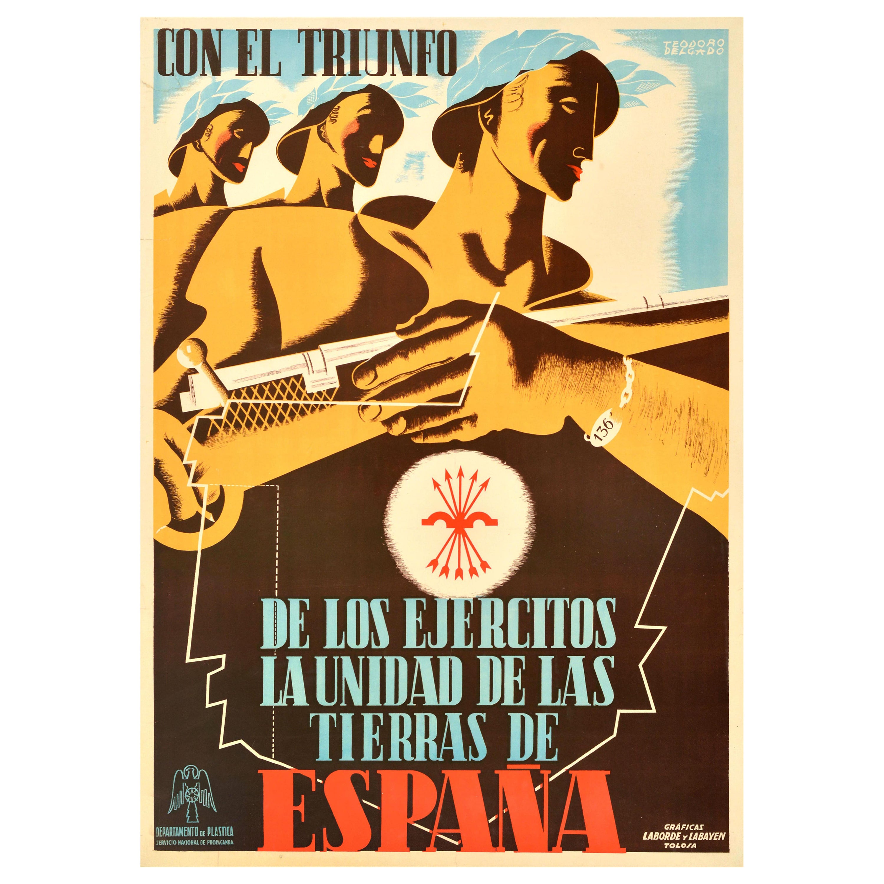 Original Vintage Spanish Civil War Poster Con El Triunfo Triumph Of Armies Unity For Sale