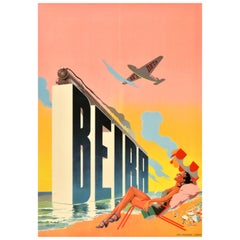 Original Vintage Africa Travel Poster Beira Portugal Mozambique DETA Airlines