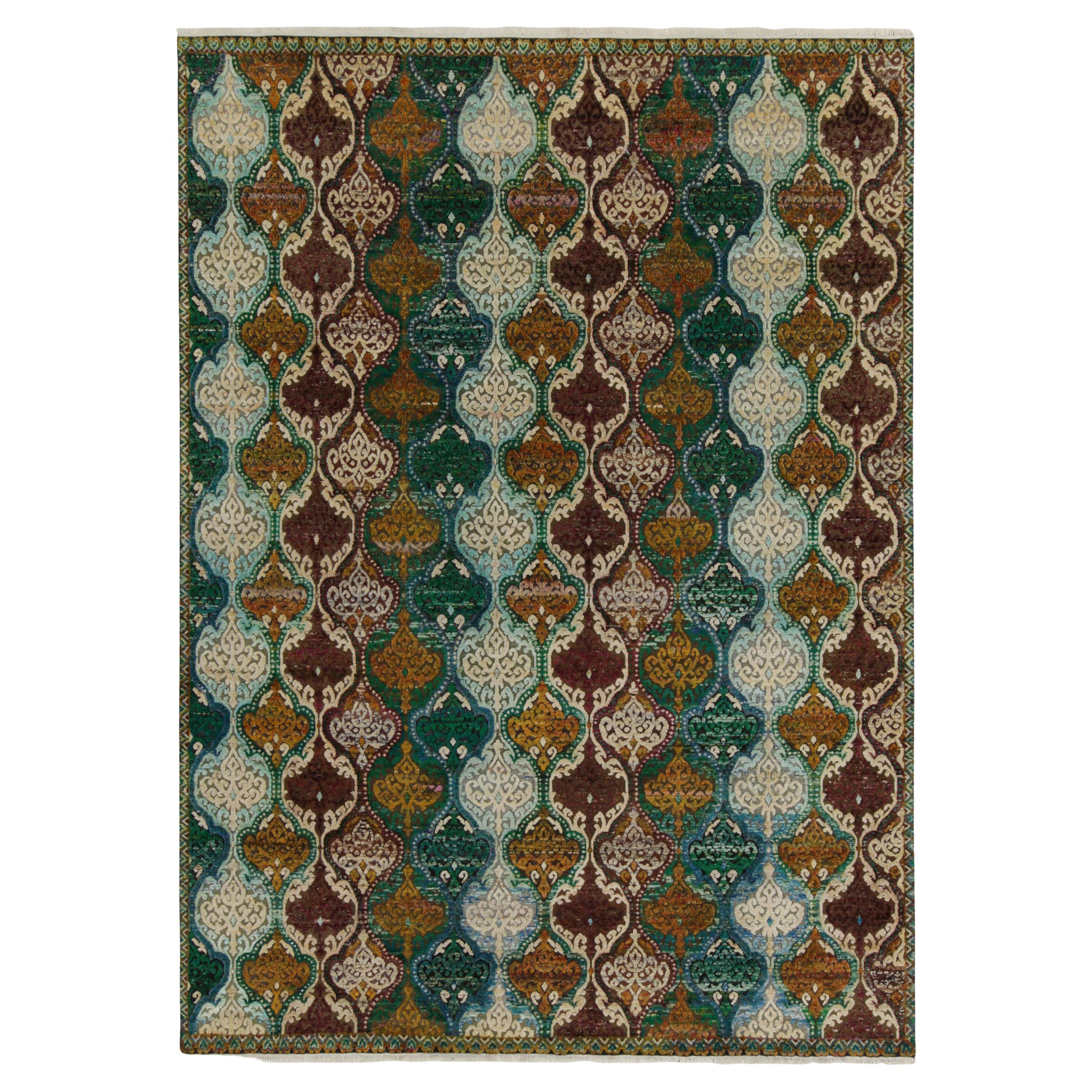 Rug & Kilim’s Classic Style Rug in Green, Gold and White Crest Patterns For Sale